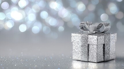 Silver Gift Box with Bow on Sparkling Background