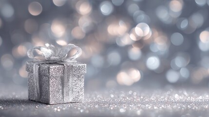 Silver Gift Box with Glitter on Sparkling Background