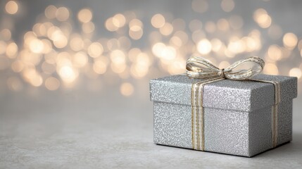 Silver Glitter Gift Box with Gold Ribbon on Beige Surface and Sparkling Background