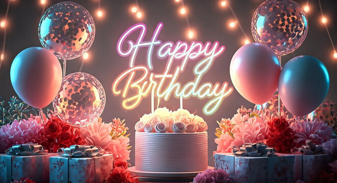 Neon "Happy Birthday" sign above a cake surrounded by balloons, colorful flowers, and wrapped gifts. - Powered by Adobe