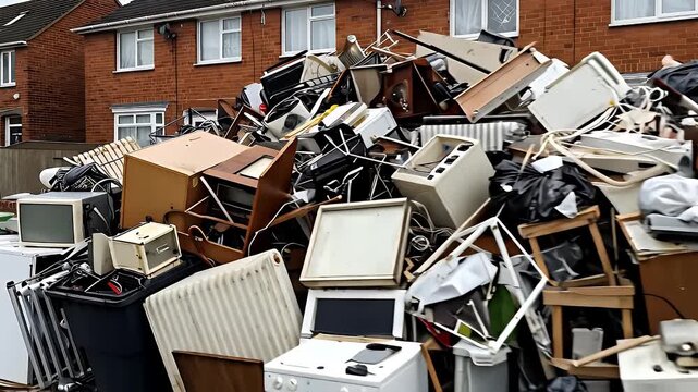 Large Pile Of Discarded Household Appliances And Furniture On A Residential Street With Brick Houses In The Background On An Overcast Day