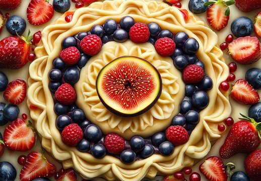 A circular fruit tart with sliced figs in the center surrounded by raspberries, blueberries, and strawberries