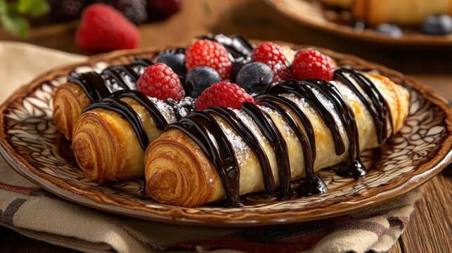 Delicious French pastries with chocolate ganache and fresh berries