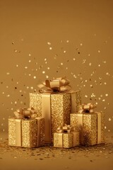 Gold Glitter Gift Boxes with Confetti on Golden Background