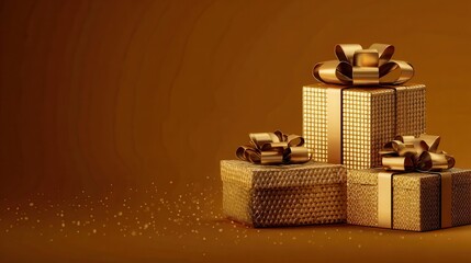Gold Gift Boxes with Bows on Brown Background