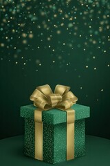 Emerald Green Gift Box with Gold Ribbon and Glitter on Dark Background