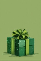 Green Gift Box with Bow on a Green Background