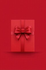 Red Gift Box with Satin Bow on Red Background