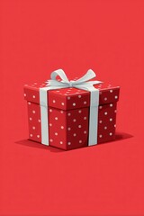 Red Gift Box with White Ribbon and Heart Pattern on Red Background
