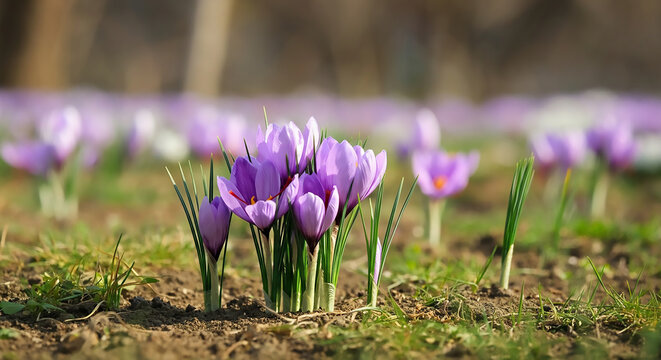 A cluster of vibrant purple crocus flowers bloom in a sunlit field, surrounded by green grass.