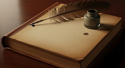 Vintage Quill and Inkwell on Aged Book - Symbol of Writing, Education, and History