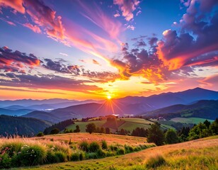 Breathtaking sunset over rolling hills, with a vibrant, colorful sky