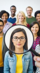 Woman examined through magnifying glass glasses denim jacket