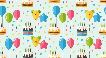 Seamless birthday pattern with balloons, cakes, and confetti