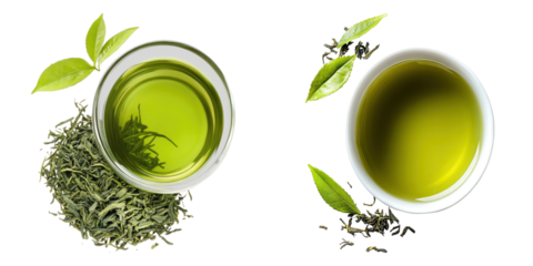 A delightful overhead shot of a vibrant green tea drink served in a glass and a white bowl. The composition also presents tea leaves and tea leaves 