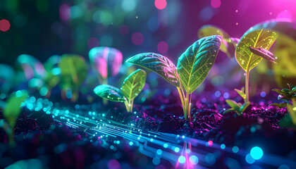 Vibrant green sprouts emerge from rich soil, illuminated by intricate digital pathways, symbolizing the innovative future of sustainable agriculture and biotechnological growth