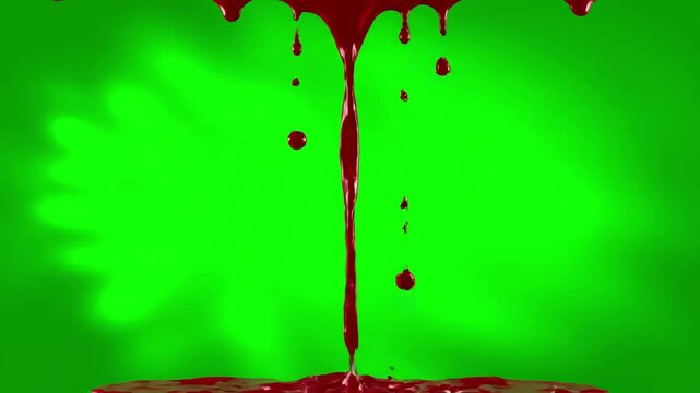 Green Screen red blood dripping down along the transition on background scene 3 with distortion, overlay, glitch, static noise, scan lines black background, 4k animated video loop