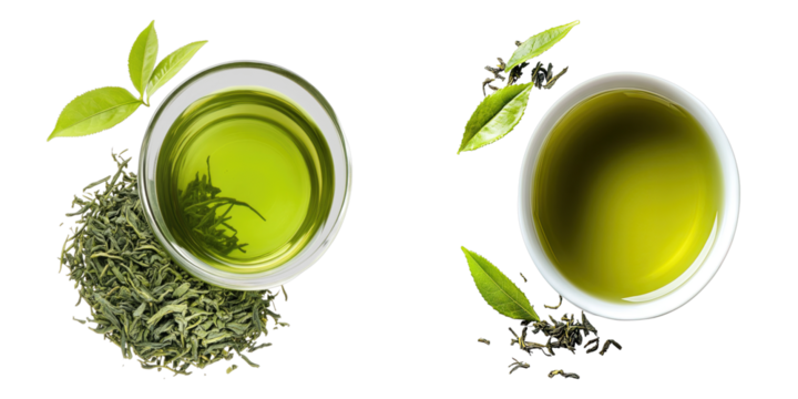 A delightful overhead shot of a vibrant green tea drink served in a glass and a white bowl. The composition also presents tea leaves and tea leaves 
