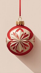 Red Christmas ornament with gold details hanging on beige background  