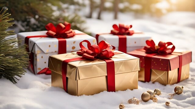 Christmas presents wrapped in red and gold ribbons resting on snowy surface, surrounded by pine branches.