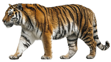 Obraz premium Side view of tiger with highly detailed fur and stripe pattern isolated on a Transparent background, PNG file.