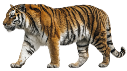 Side view of tiger with highly detailed fur and stripe pattern isolated on a Transparent background, PNG file.