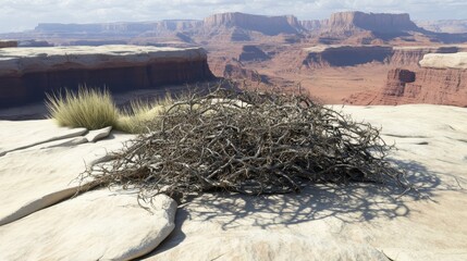 Dry thorny vines tangled on a rock surface in desert landscape
