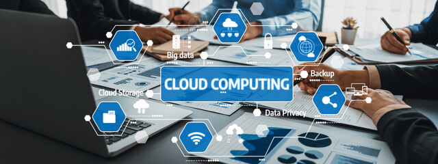 A dynamic business team engaged in a cloud computing conference, discussing key topics such as data privacy, backup solutions, and the future of cloud storage. Amity