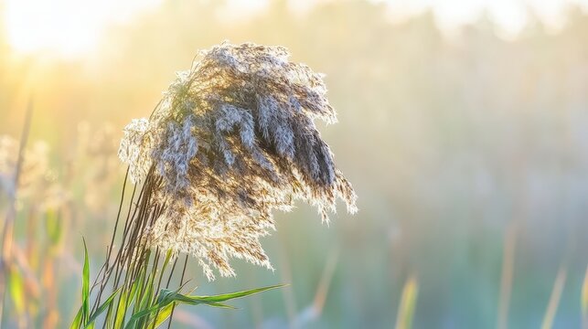 Dried reeds swaying in sunlight with a beautiful backdrop
