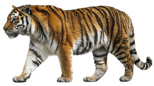 Side view of tiger with highly detailed fur and stripe pattern isolated on a Transparent background, PNG file.