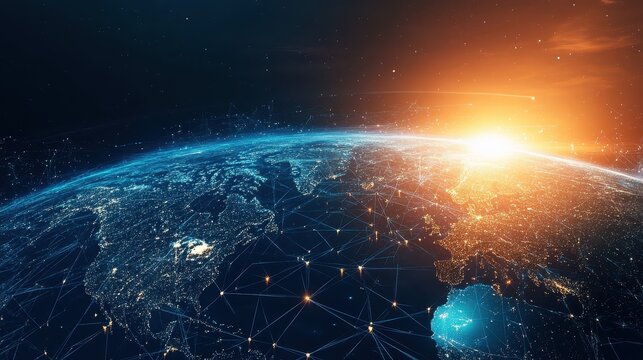 Earth with global communication network at sunrise and sunset
