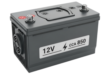 Automotive 12 Volt 850 CCA Battery with Metal Terminals and Gray Casing isolated on Transparent Background