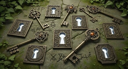 Mystical antique keys and ornate lock escutcheons arranged on an ancient stone tablet with arcane symbols