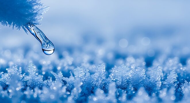 A close-up macro shot of a single water droplet falling from a frosty plant onto a surface covered in ice crystals.