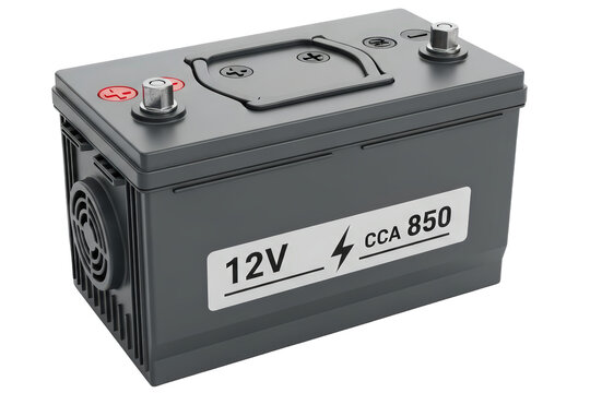Automotive 12 Volt 850 CCA Battery with Metal Terminals and Gray Casing isolated on Transparent Background