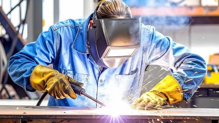 Skilled welder using a protective mask and gloves to perform welding with bright sparks in an industrial workshop