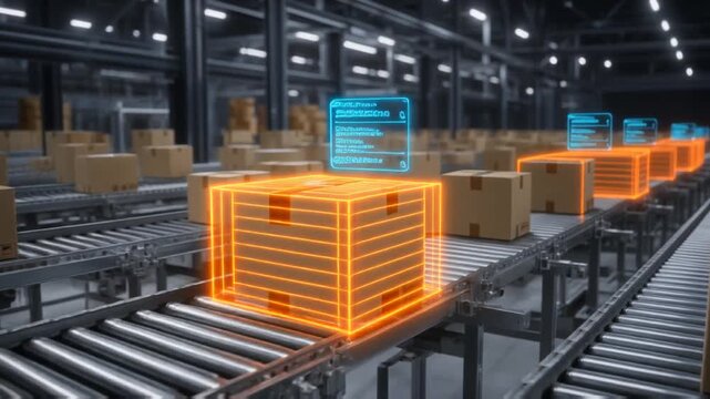 Automated logistics conveyor belt moving shipping packages with orange digital tracking outlines and holographic data displays.