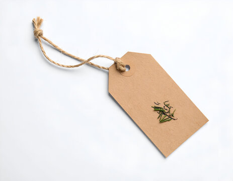 Eco-friendly natural kraft paper blank merchandise tag with rustic twine string, perfect for labeling homemade items or gifts, isolated on a clean white surface for versatile use
