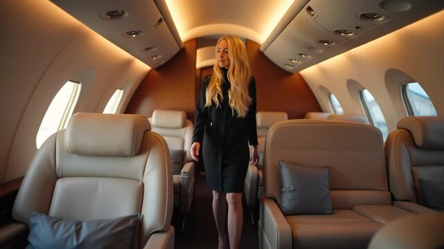 Experience luxury travel aboard a private jet with plush seating and warm lighting, perfect for business or leisure, promising comfort and exclusivity