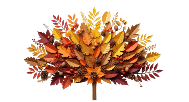 Autumn Tree With Colorful Leaves Pine Cones And Berries In A Textured Paper Cutout Style isolated on Transparent Background
