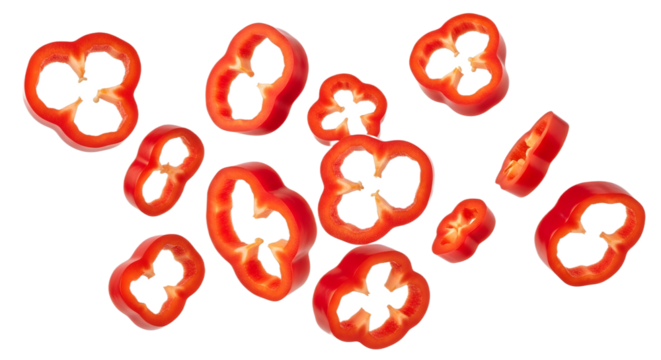 Scattered slices of fresh red bell pepper on transparent background