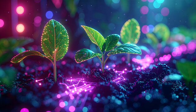 Illuminated young plants thriving in a futuristic digital environment, symbolizing advanced biotechnological growth and sustainable smart agriculture innovation