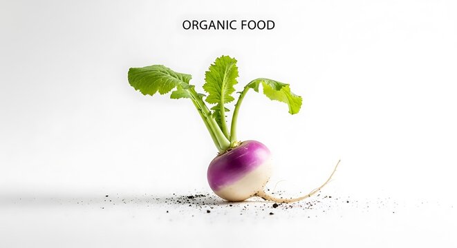 Purple white root vegetable with green leaves soil