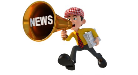 Cartoon man shouting news through a gold megaphone on transparent background