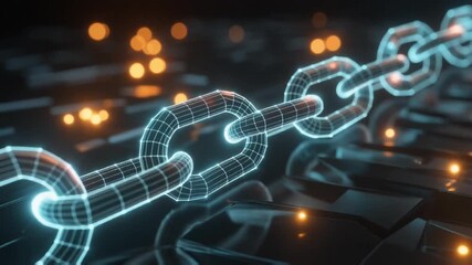 Conceptual 3D rendering of blockchain technology represented by glowing wireframe chain links. - Powered by Adobe