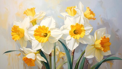 Beautiful artistic painting of white daffodils with yellow centers in full bloom
