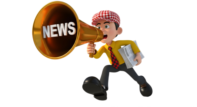 Cartoon man shouting news through a gold megaphone on transparent background - Powered by Adobe