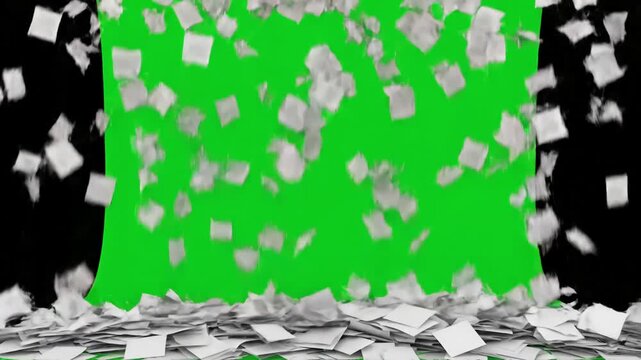 Green Screen drowned in paperwork with too much work filled white pages falling from top at the camera on black and background scene 3 distortion, overlay, glitch, static noise, scan lines background