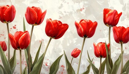 Fototapeta premium Beautiful painting of red tulips on a textured background showcasing nature