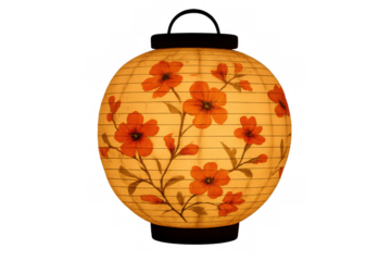 Traditional japanese round paper lantern with orange floral patterns providing soft ambient light on transparent background